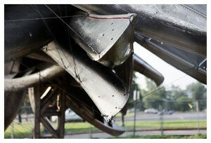 Close, detail of a couple aluminum canoes in Nancy Rubins' new sculpture in Buffalo