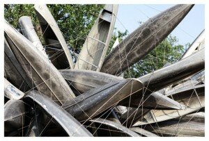 aluminum canoes bunched together and joined with stainless-steel cables