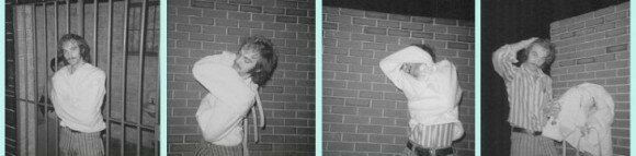 series of four black-and-white images showing a young man extricating himself from a straitjacket